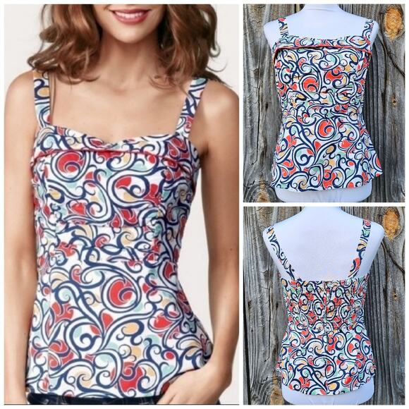 Swirl Print Tank CAbi Keepsake Cami Size 6 Cotton White Orange Zip Smocked Back - Picture 5 of 9